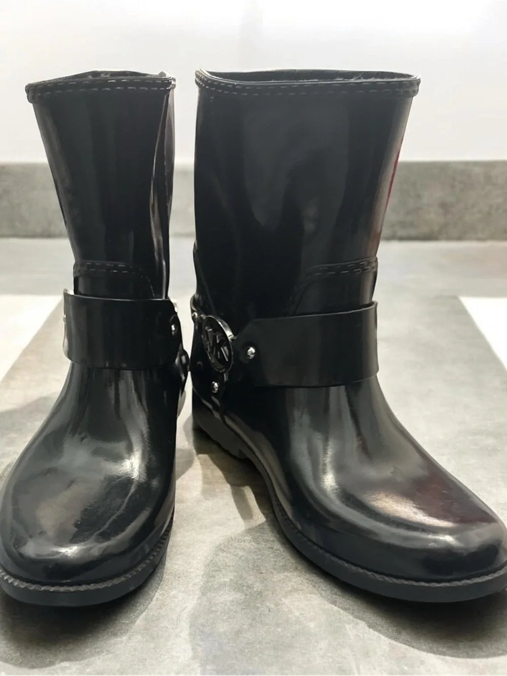 Michael Kors Black Patent Logo Strap Ankle Boots